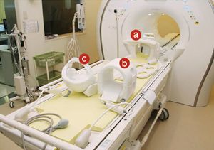 OVALのWIT RF Coil System。頭頸部用(a)，膝関節用(b)，肩関節用(c)