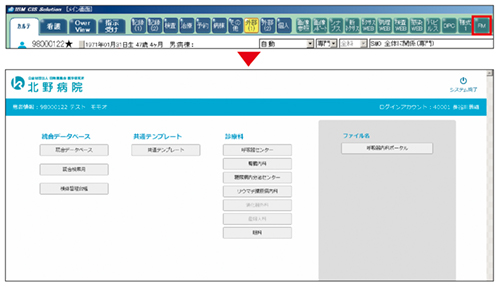 図2　統合臨床DBの電子カルテからの起動 電子カルテ上部のFMボタンをクリックすることで患者ポータル画面が起動する。