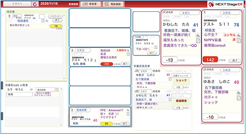 図1　NEXT Stage ERの病棟マップ表示 ホワイトボードで使用していたレイアウトをシステムに反映した。左から待合室・1次診察室，2次ベッド，到着前情報，3次ベッドと場所に合わせて患者を表示している。